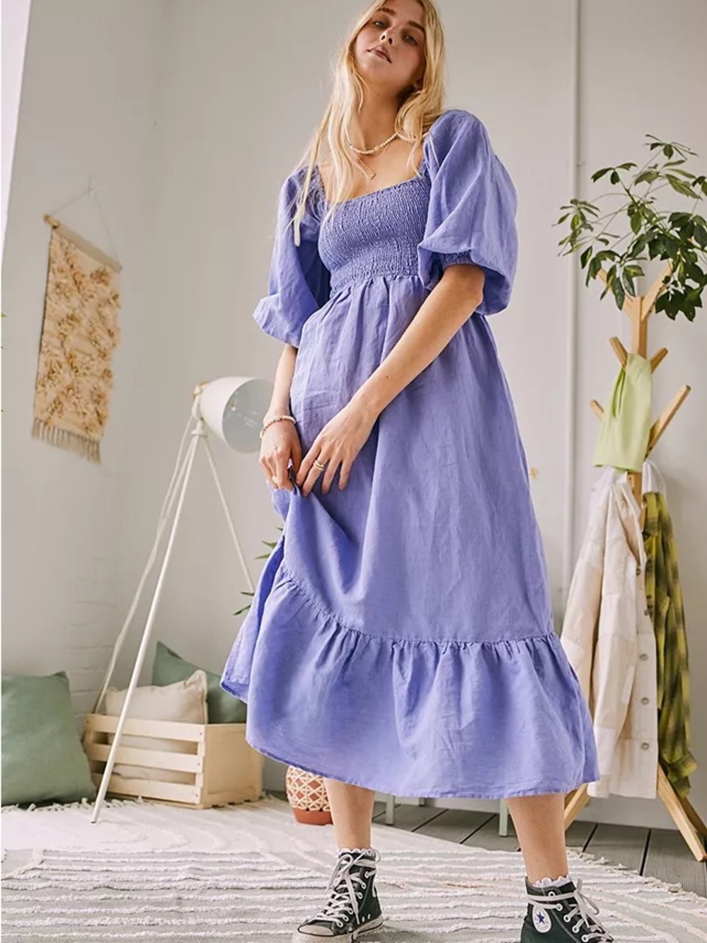 Urban Outfitters Puff Sleeve Milkmaid Odila Linen Cotton Midi Dress